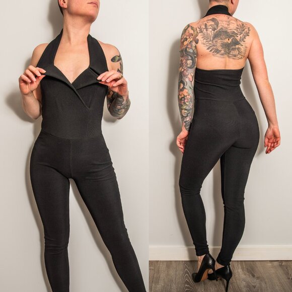 Vintage 80s Bisou Bisou Black Halter Catsuit RARE - Picture 1 of 6